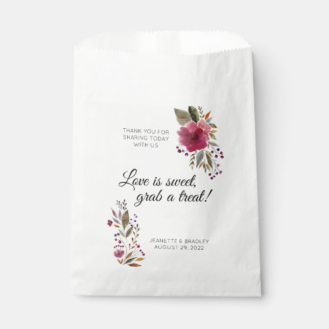 Sacolinha Burgundy Watercolor Floral Weding Candy Favor Bag (Frente)