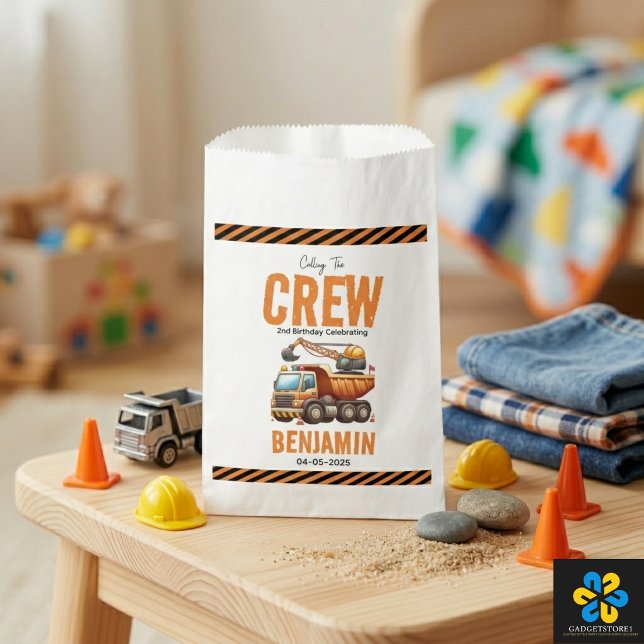 Sacolinha Caminhão de Construção Menino da Equipe de Constru (Construction Crew Dump Truck Boy 2nd Birthday Favor Bag)