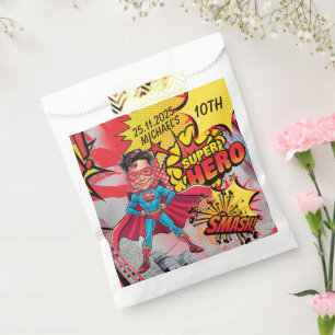 Sacolinha Caricatura de super-heróis vermelho e amarelo vibr
