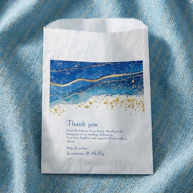 Sacolinha Cartões de agradecimentos de Casamento Azul e Dour (Blue and Gold Watercolor Wedding Thank You card Favor Bag.)