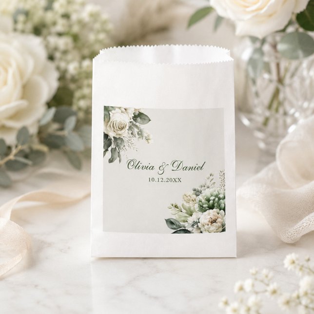 Sacolinha Casamento Boho Sage Verde e Flores de Marfim (Boho Sage Green and Ivory Flowers Wedding Favor Bag on a table with flowers and ribbons)