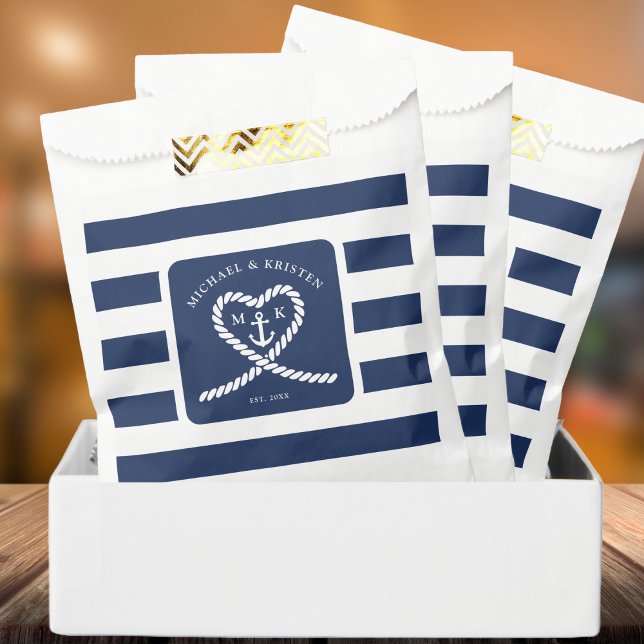 Sacolinha Casamento de Âncora Náutica Blue Striped Heart (Nautical Blue Striped Heart Anchor Wedding Favor Bag)