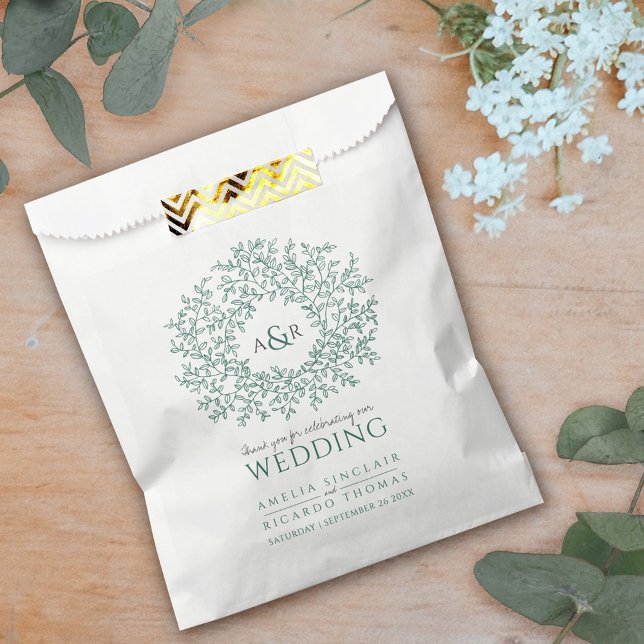 Sacolinha Casamento de cinza verde círculo branco folha mono (Criador carregado)