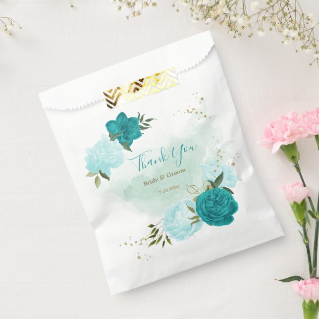 Sacolinha casamento de flores azuis-claro-turquesa (Selado)