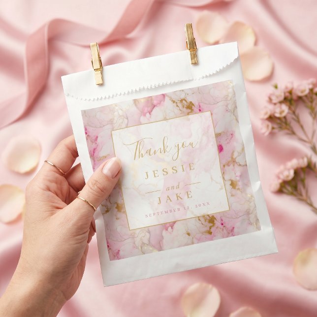 Sacolinha Casamento de mármore rosa e dourado (Pink and gold marble wedding favor bag)