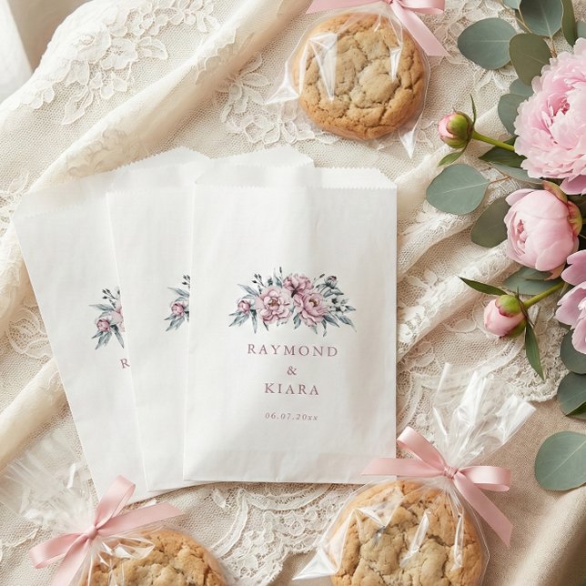 Sacolinha Casamento de Peônia Rosa Poeira Suave Silenciada (personalized couple name dusty pink peony wedding favor bags)