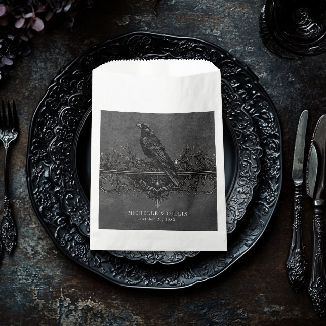 Sacolinha Casamento de Rosas Pretos Góticos Raven e Pretos (Gothic Black Raven & Black Roses Wedding Favor Bag)