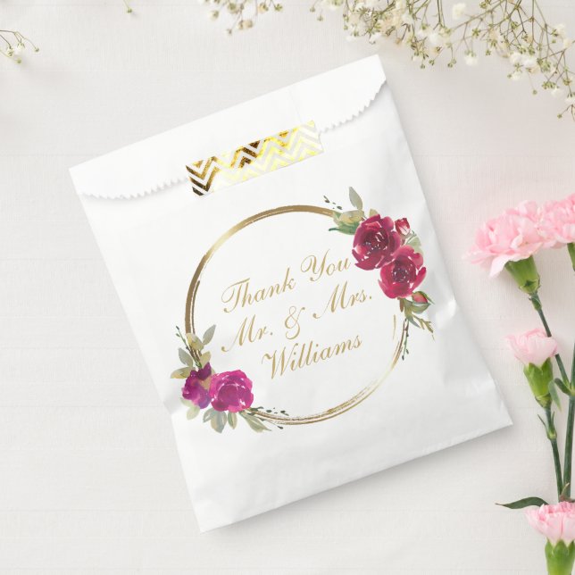 Sacolinha Casamento Dourado e Borgonha Floral de Cor (Selado)
