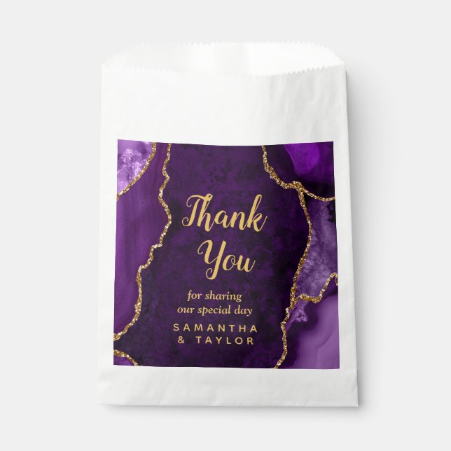 Sacolinha Casamento Dourado e roxo de agata Obrigado (Frente)