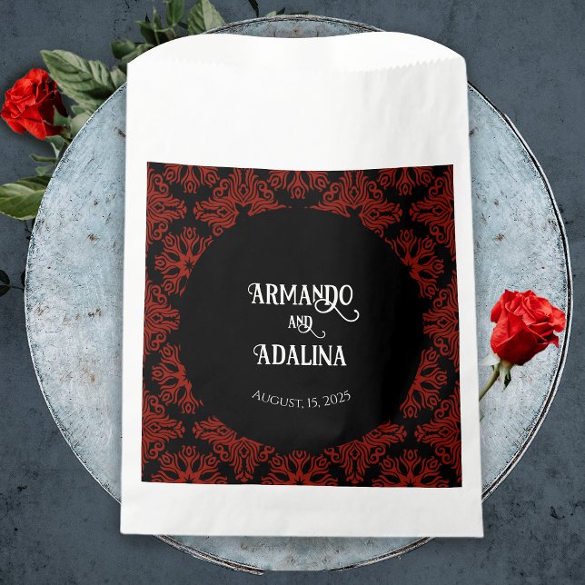 Sacolinha Casamento Elegante Preto e Vermelho Floral Gótico  (Black and Red Floral Gothic Dark Elegant Wedding Favor Bag)