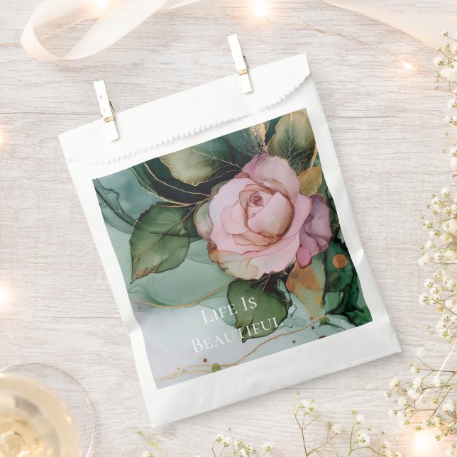 Sacolinha Casamento Floral Dourado Romântico Rosa Blush Rosa (Cortado)