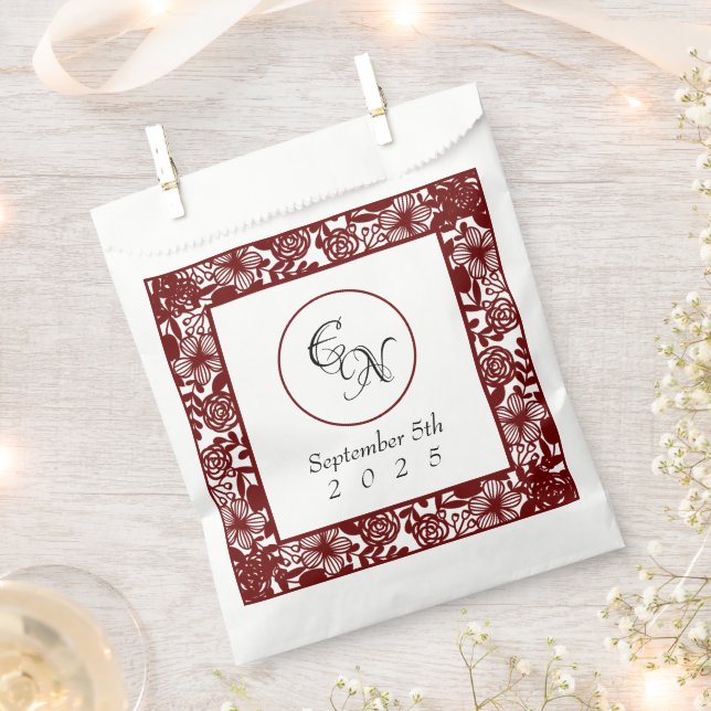 Sacolinha Casamento Monograma Branco-Borgonha Aberta (Cortado)