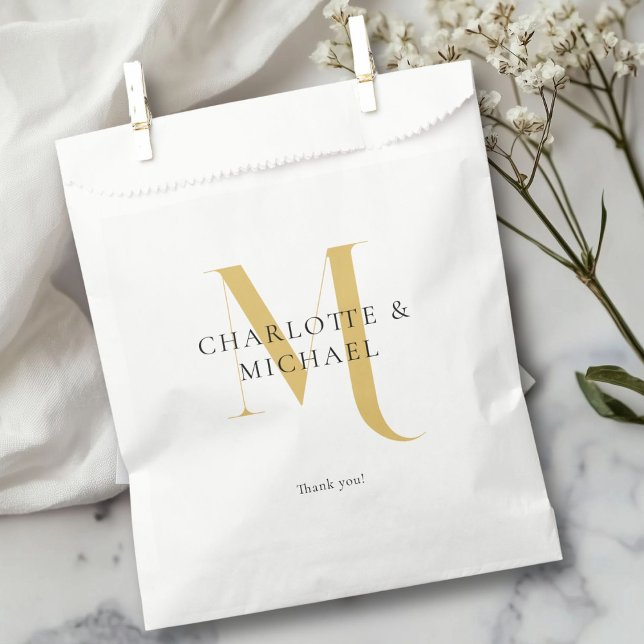 Sacolinha Casamento simples, elegante, monograma (Simple, elegant, monogram " Thank You!"  wedding favor bag with your names.)