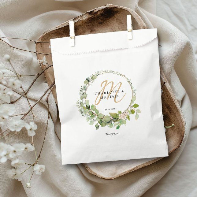 Sacolinha Casamento simples, elegante, monograma de eucalipt (Simple, elegant, monogram eucalyptus "Thank You!" wedding favor bag with your name and bag.)