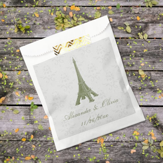 Sacolinha Casamento tema damasco de Torre Eiffel Verde Favor (Green Eiffel Tower Damask Wedding Favor Bags)