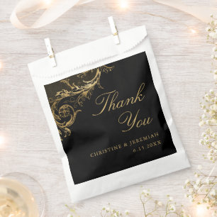 Sacolinha Casamento tema damasco Dourado Floral Vintage Blac