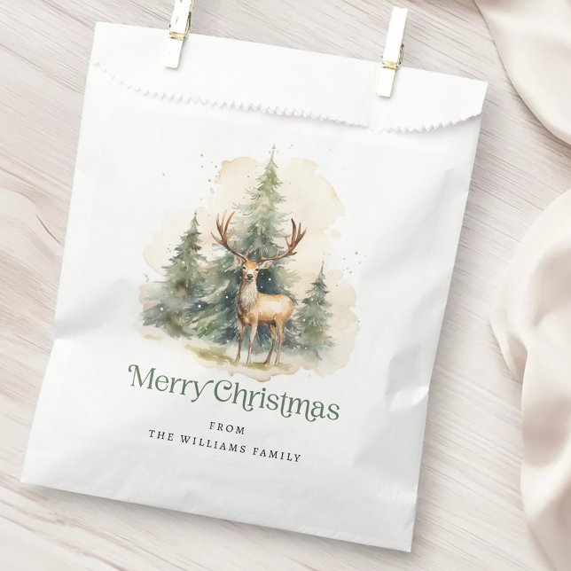 Sacolinha Cervo e árvores de Natal Feliz Natal nome (Stag and Christmas trees Merry Christmas name Favor Bag)