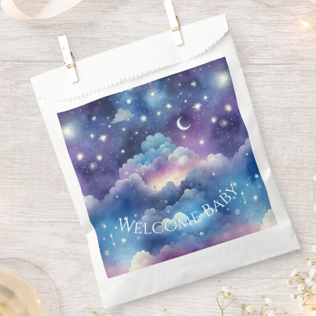 Sacolinha Chá de adoção do céu estrelado - Lua e Estrelas (Starry sky baby shower favor bag)