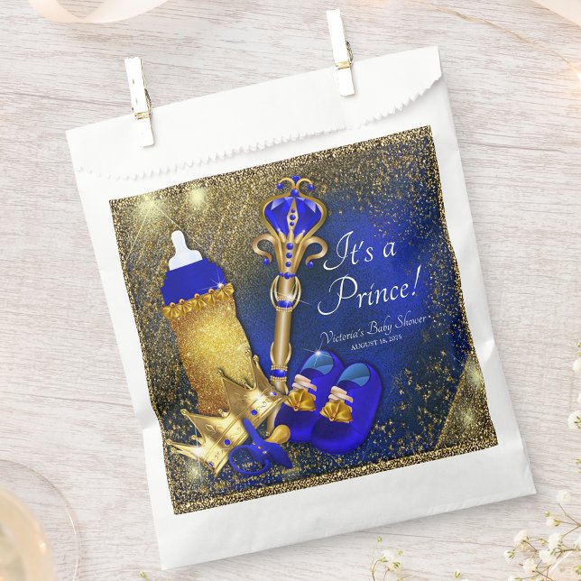 Sacolinha Chá de Bebê do Príncipe Azul Real Dourado (You can add text to personalize these pretty prince baby shower favor bags.)