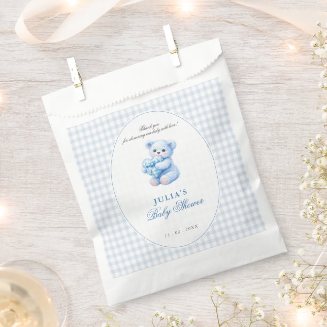 Sacolinha Chá de Bebê do Ursinho Little Heart Blue Gingham (Cortado)