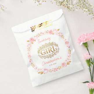Sacolinha Chá de Bebê Rosa e Dourado para Menina com Flores