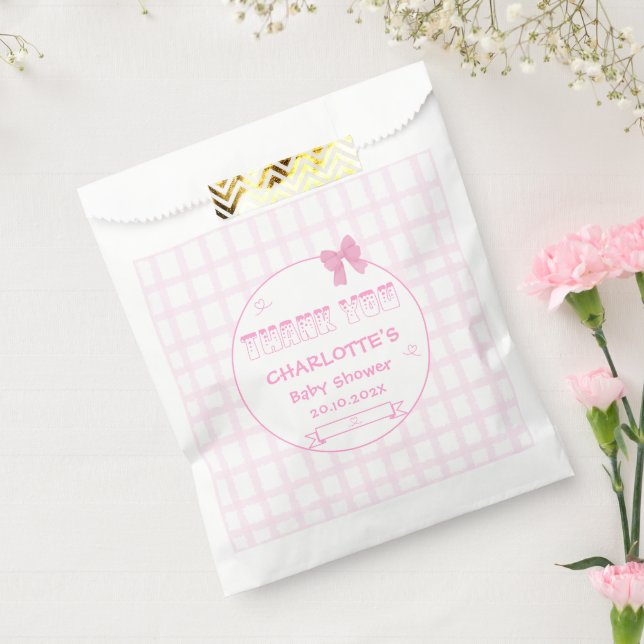 Sacolinha Chá de Bebê Xadrez Rosa Pastel com Laço Fofo (Selado)