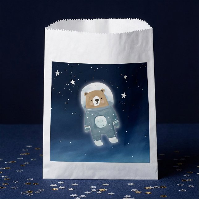 Sacolinha Chá de fraldas astronauta do Urso Espacial Azul (Blue Space Bear astronaut Baby Shower Favor Bag.)