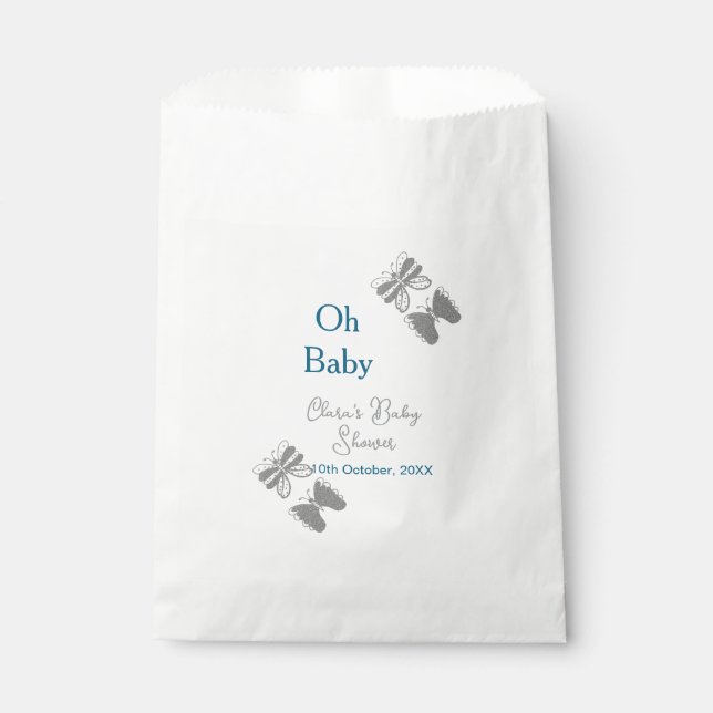 Sacolinha chá de fraldas azul-borboleta-cinza oh bebê texto  (Frente)