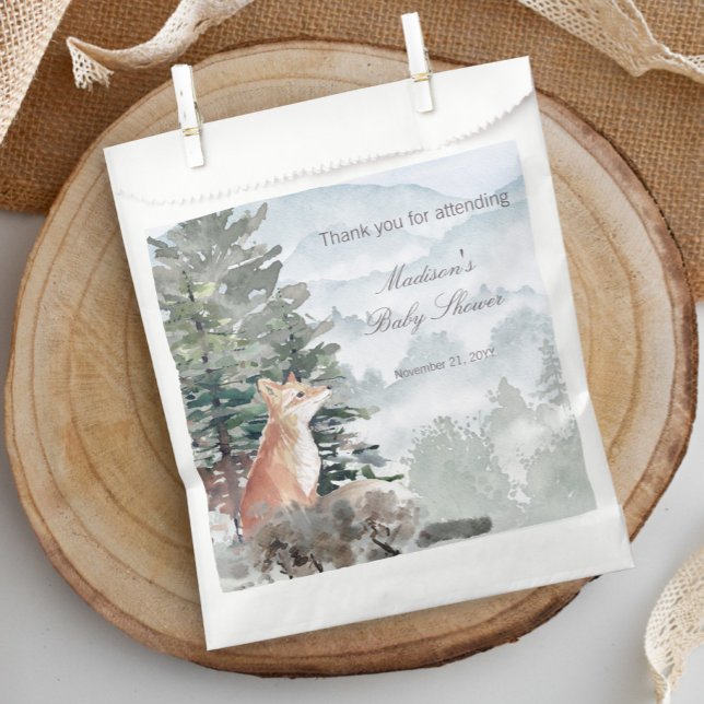 Sacolinha Chá de fraldas da Floresta Florestal da Madeira (Watercolor Woodland Forest Fox Baby Shower Favor Bag)