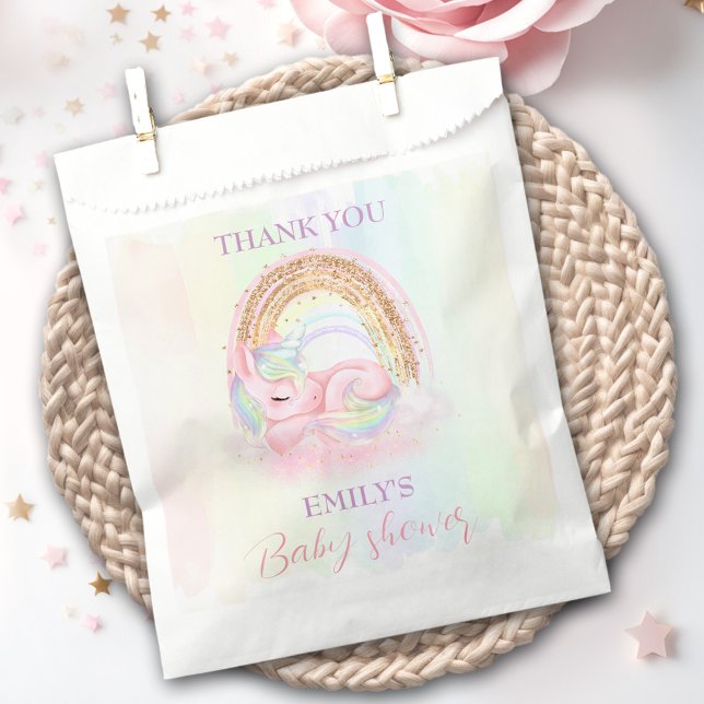 Sacolinha Chá de fraldas Dourado Arco-Íris Unicorn Pastel (Unicorn Pastel Gold Rainbow Baby Shower Favor Bag)