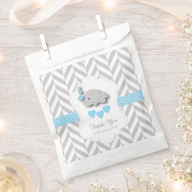Sacolinha Chá de fraldas Elefante Cinza Azul, Branco Obrigad (Cortado)