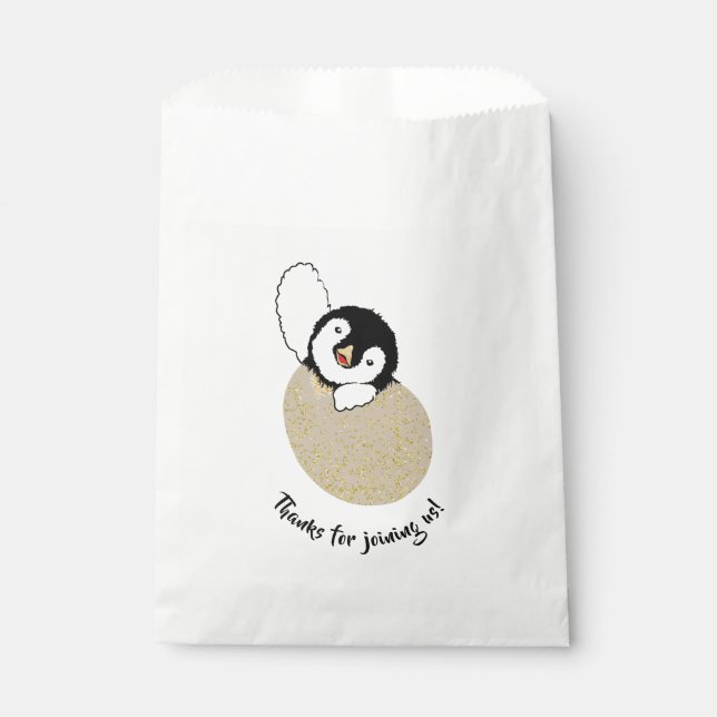 Sacolinha Chá de fraldas Favor Bag, Dourado, Pinguim Bebê (Frente)