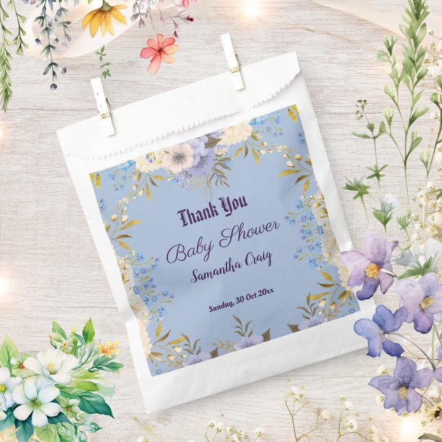 Sacolinha Chá de fraldas Floral de Flor Azul Pastel Pequeno (Pastel Blue Little Flower Bud Floral Baby Shower Favor Bag)