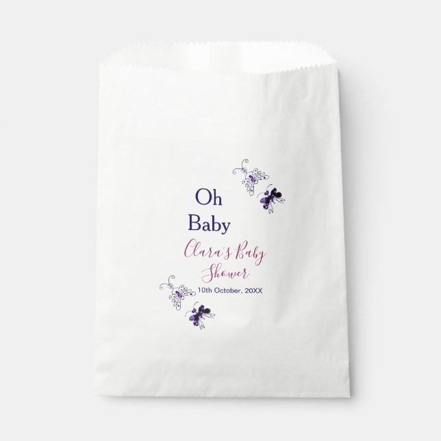 Sacolinha Chá de fraldas rosa-borboleta roxa oh bebê moderno (Frente)