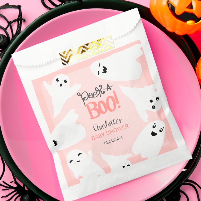 Sacolinha Chá de fraldas rosa de dois fantasmas bonitos do H (Cute Halloween boo ghosts pink baby shower Favor Bag)