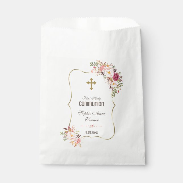 Sacolinha Charm Dourado Blush Floral Sagrado Comunhão Rosa (Frente)