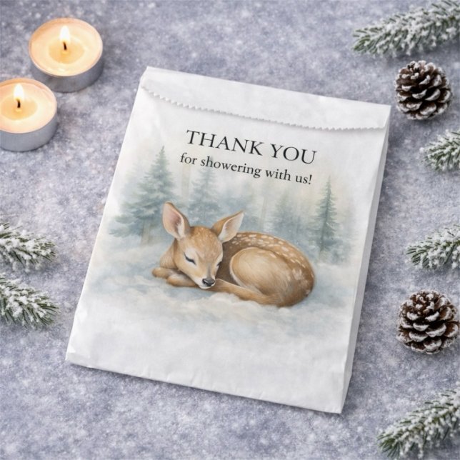 Sacolinha Chuva de Bebê de Inverno com Veado Bebê Adormecido (Woodland Sleeping Baby Deer Winter Baby Shower Favor Bag)