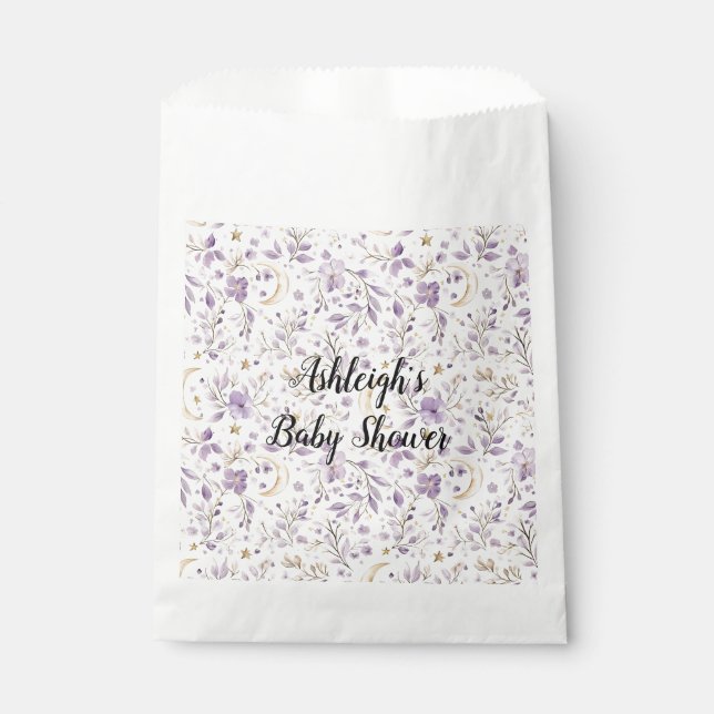 Sacolinha Chuva de Bebê Floral Luas e Estrelas Branco Roxo (Frente)
