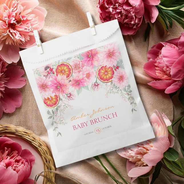 Sacolinha Chuva de Bebê Flores Aquarela Rosa Cítrica (Citrus and pink watercolor flowers baby shower favor bag, party favors, girl baby shower)