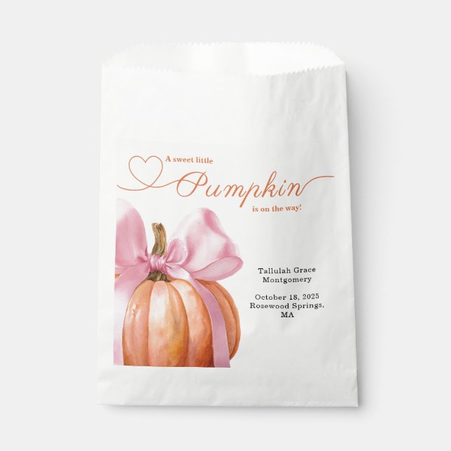 Sacolinha Chuva de Bebê Little Pumpkin – Laço Rosa de Outono (Frente)
