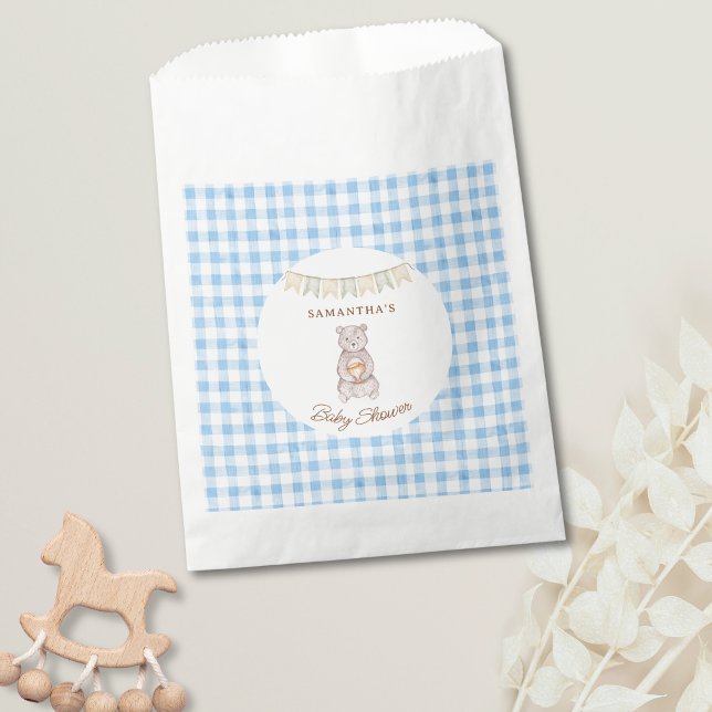 Sacolinha Chuva de Bebê Xadrez Azul Urso Rústico Aquarela (Rustic Bear Blue Gingham Boy Baby Shower Favor Bag)