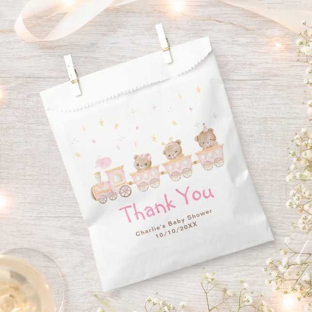 Sacolinha Chuveiro de Bebê Trem Rosa Urso Obrigado (Cortado)