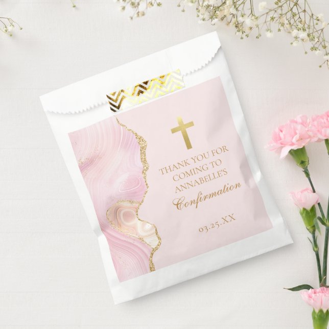 Sacolinha Confirmação Elegante Partido de Agato Dourado Rosa (Selado)