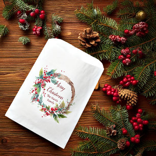 Sacolinha Coroa de Natal personalizada de aquarela com azevi