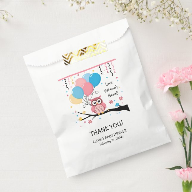 Sacolinha Coruja rosa-branca com balões e Chá de fraldas Con (Selado)