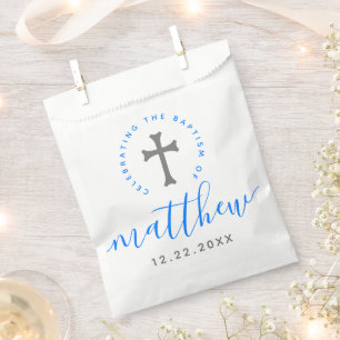 Sacolinha Cruz de Nomeação de Natal do Batismo Azul