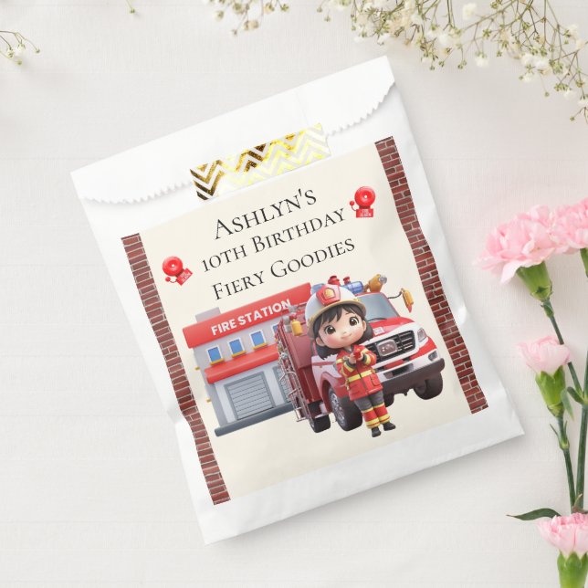 Sacolinha Custom Name & Age Cute 3D Firefighter Girl (Selado)