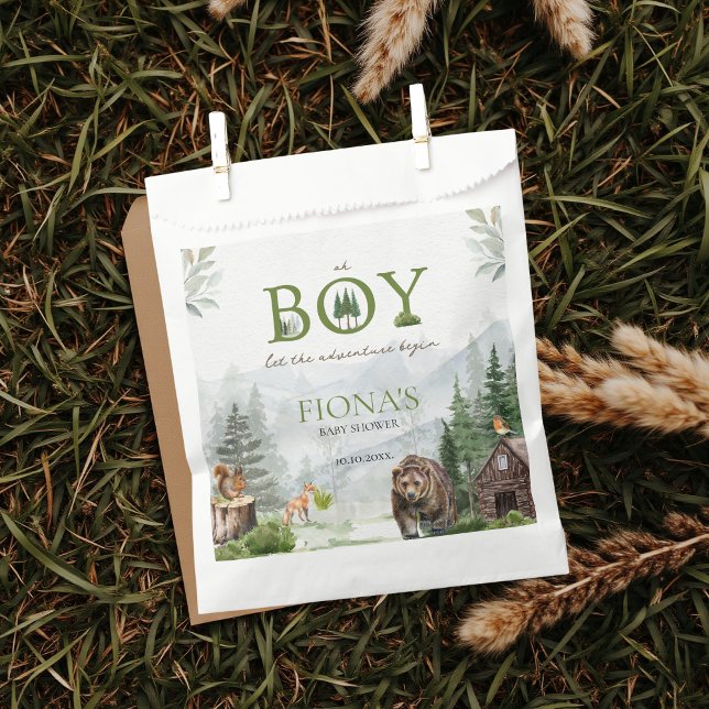Sacolinha Deixe A Aventura Começar A Montar O Chá de fraldas (Oh boy let the adventure begin custom baby shower favor bags inspired by mountains, woodland, forest)