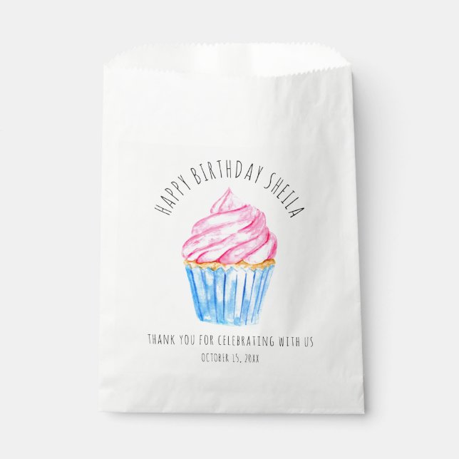 Sacolinha delicioso cupcake de aguarela com glacê rosa (Frente)