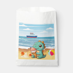 Sacolinha Dinô bonito comendo sorvete na praia